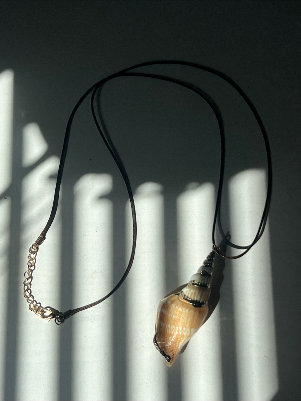 Natural Shell Pendant Necklace - Brown Shell on Black Cord
